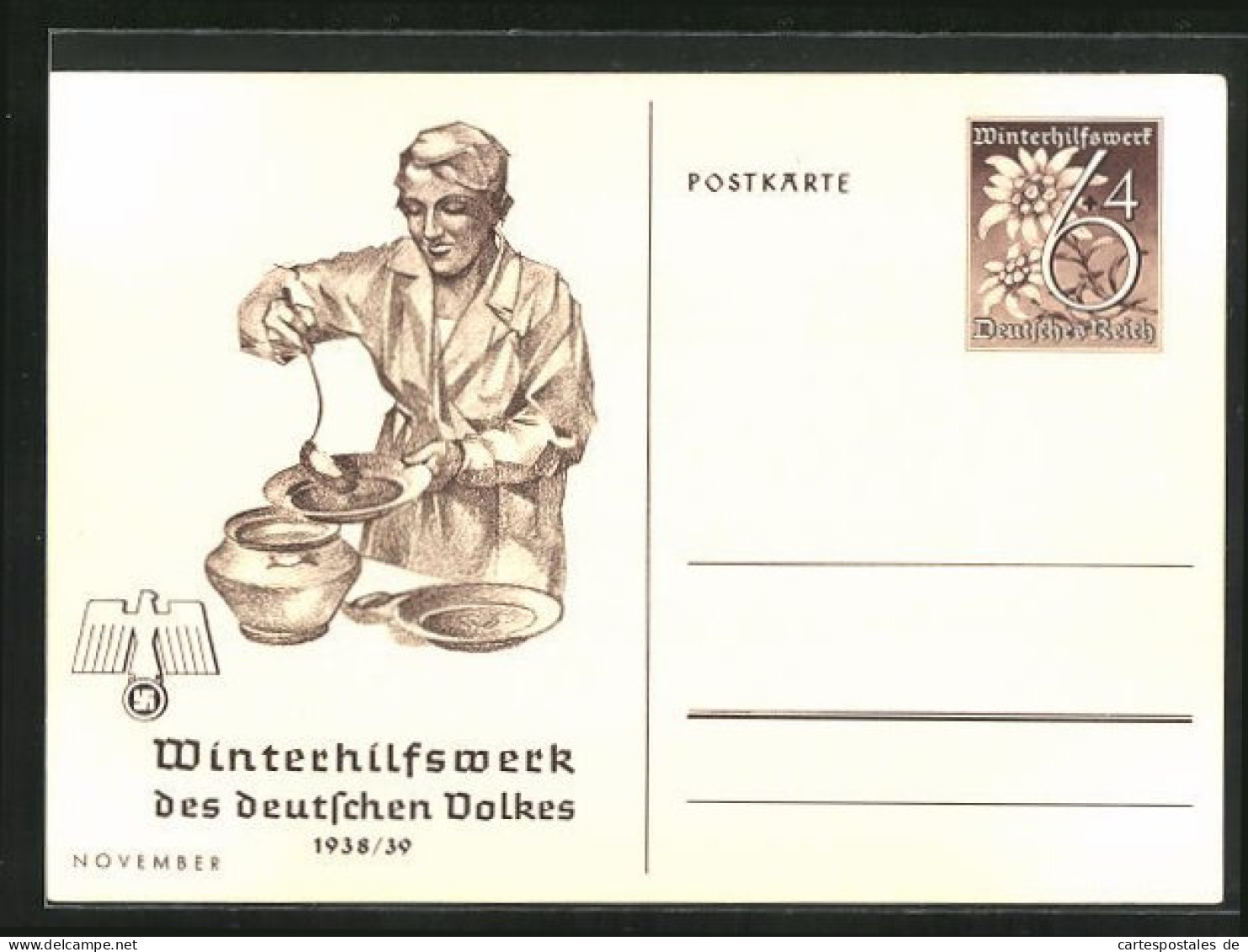 AK Ganzsache WHW Winterhilfswerk 1938 /39, Frau An Suppenschüssel  - Cartes Postales