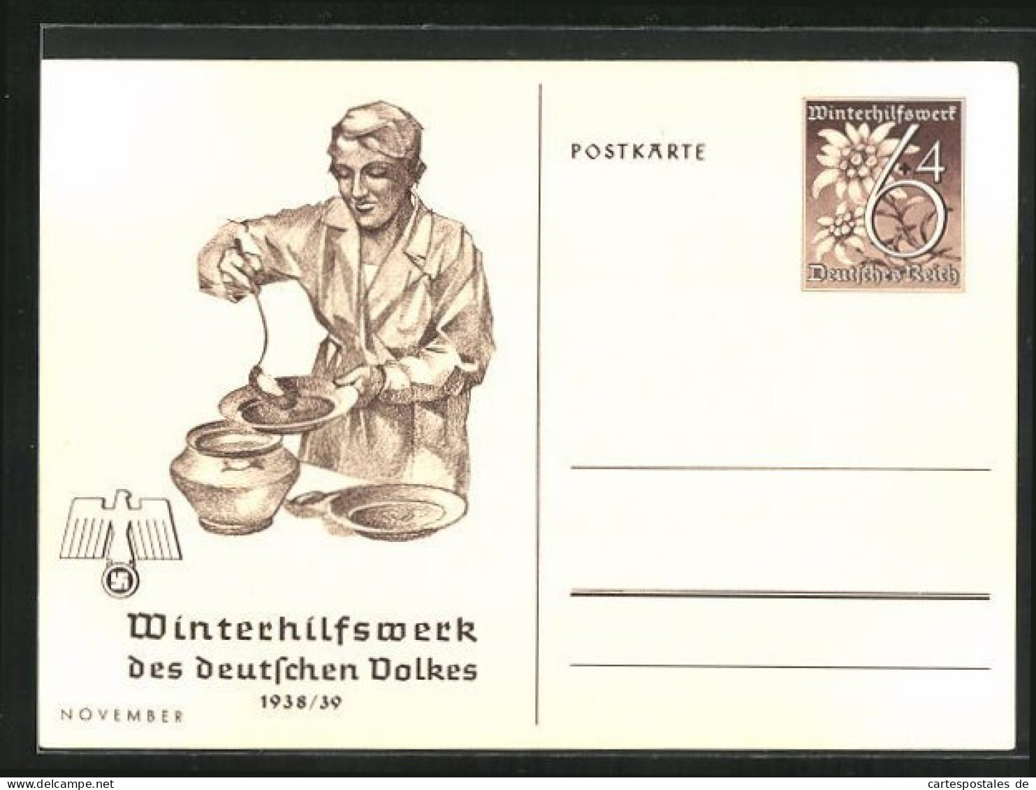 AK Ganzsache WHW Winterhilfswerk 1938 /39, Frau An Suppenschüssel  - Briefkaarten