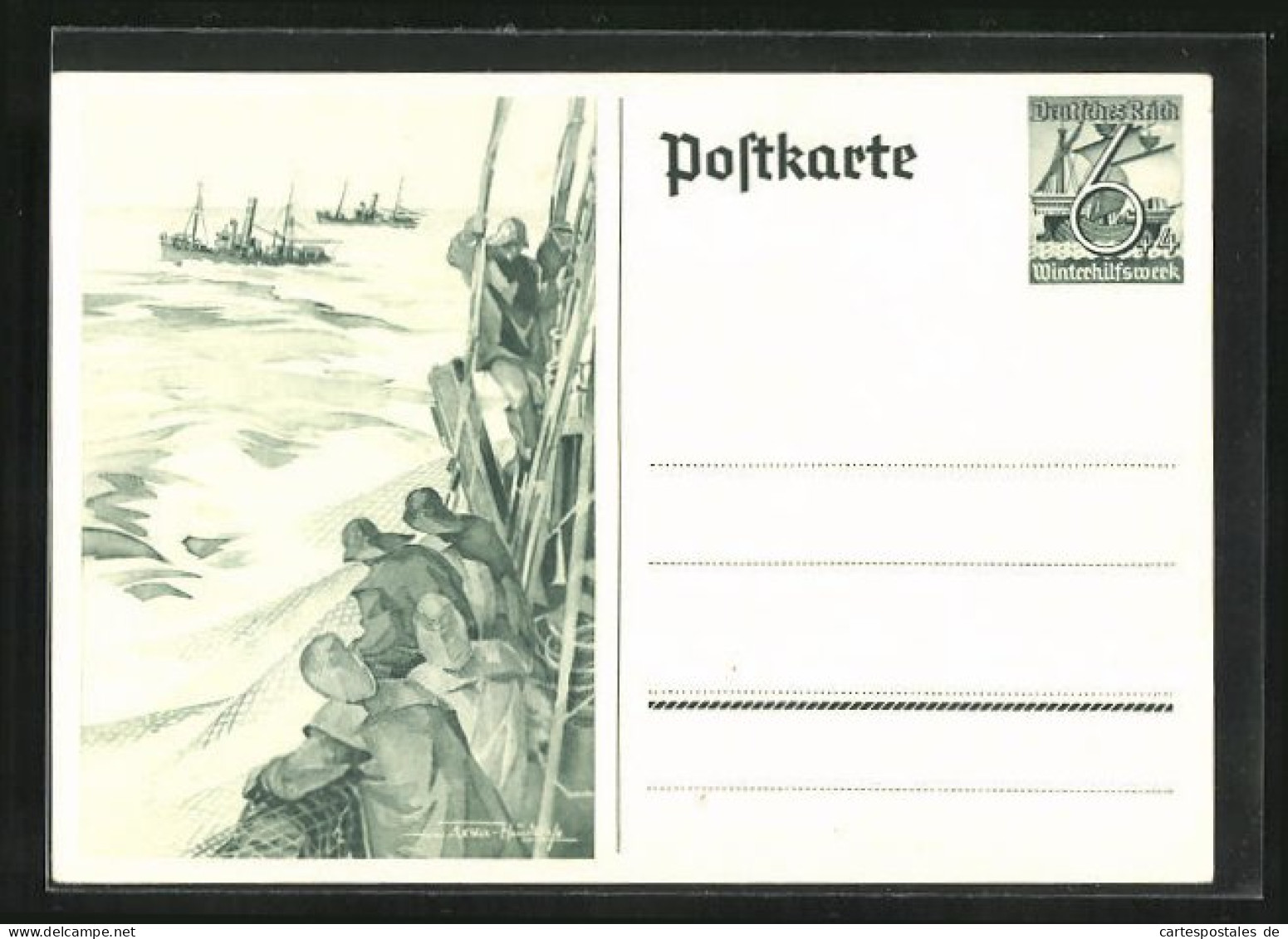 AK Fischer Holen Netze Ein, Ganzsache WHW Winterhilfswerk  - Briefkaarten