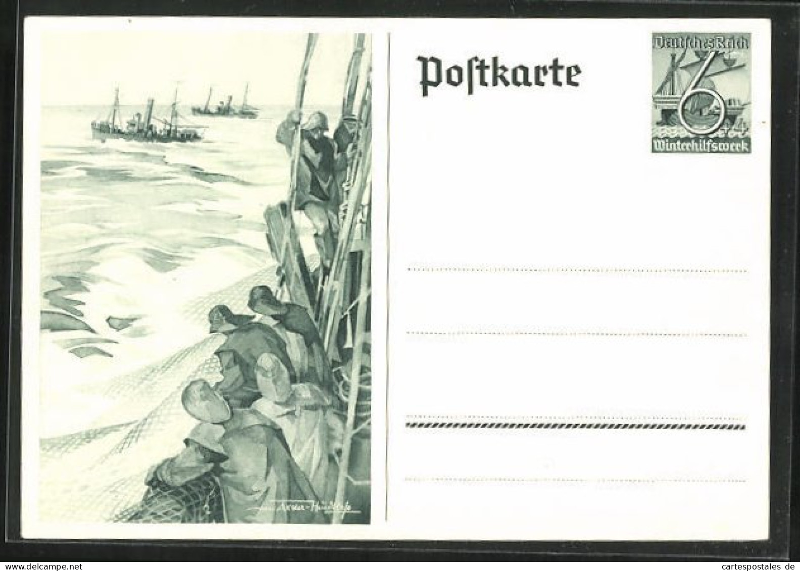 AK Fischer Holen Fang Ein, Ganzsache WHW Winterhilfswerk  - Postcards