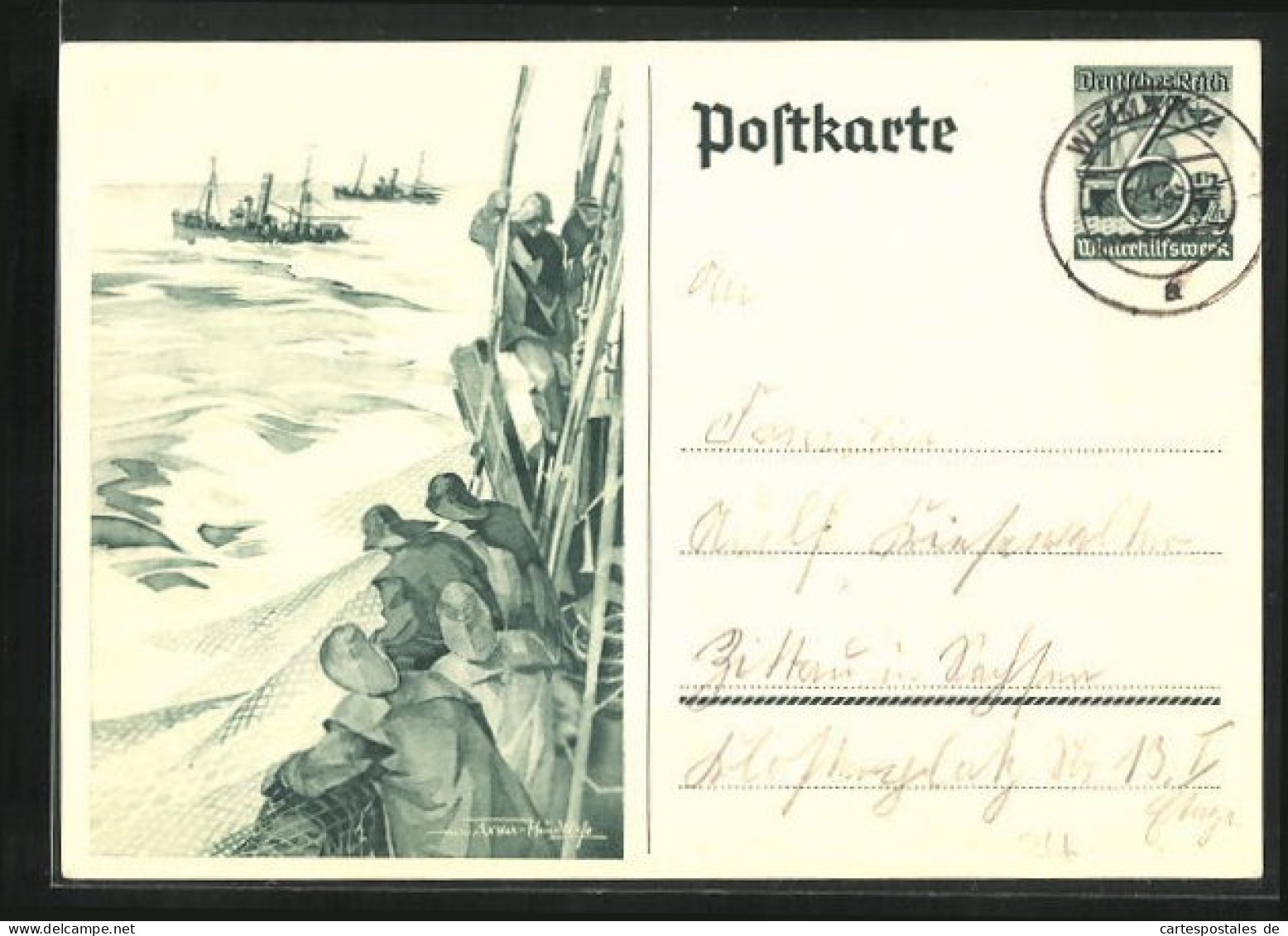 AK Fischer Mit Netzen Auf See, Ganzsache WHW Winterhilfswerk  - Briefkaarten