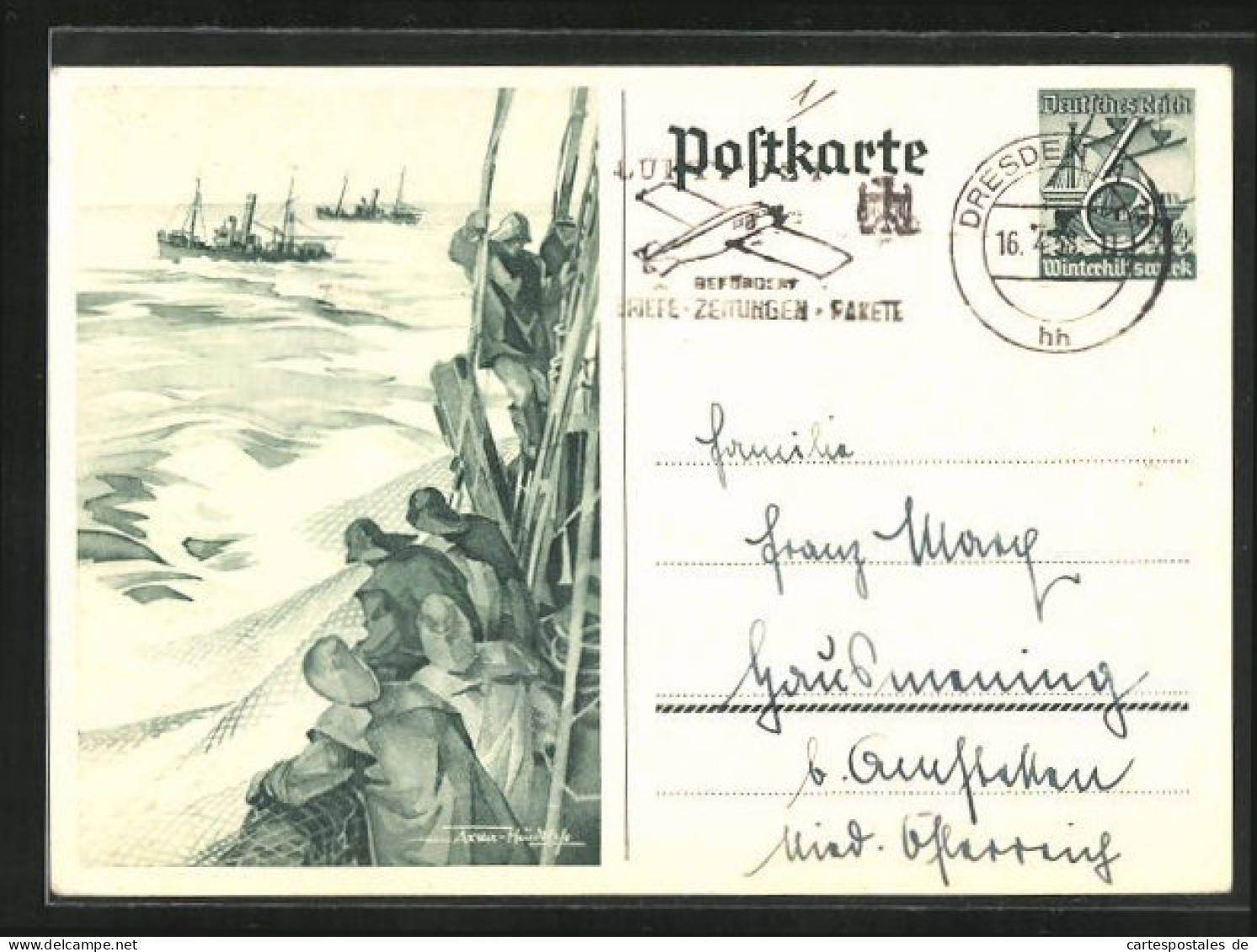 AK Fischer Holen Fang Ein, Ganzsache WHW Winterhilfswerk  - Briefkaarten