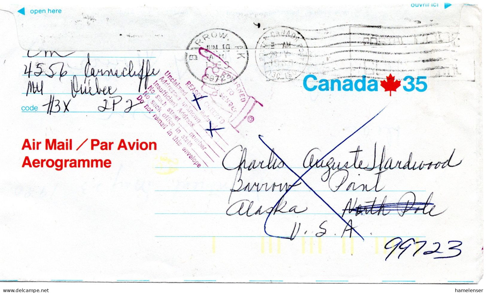 77431 - Canada - 1980 - 35¢ GAAerogramm H3C 1S0 -> BARROW, AK (USA), Zurueck An Abs - Lettres & Documents