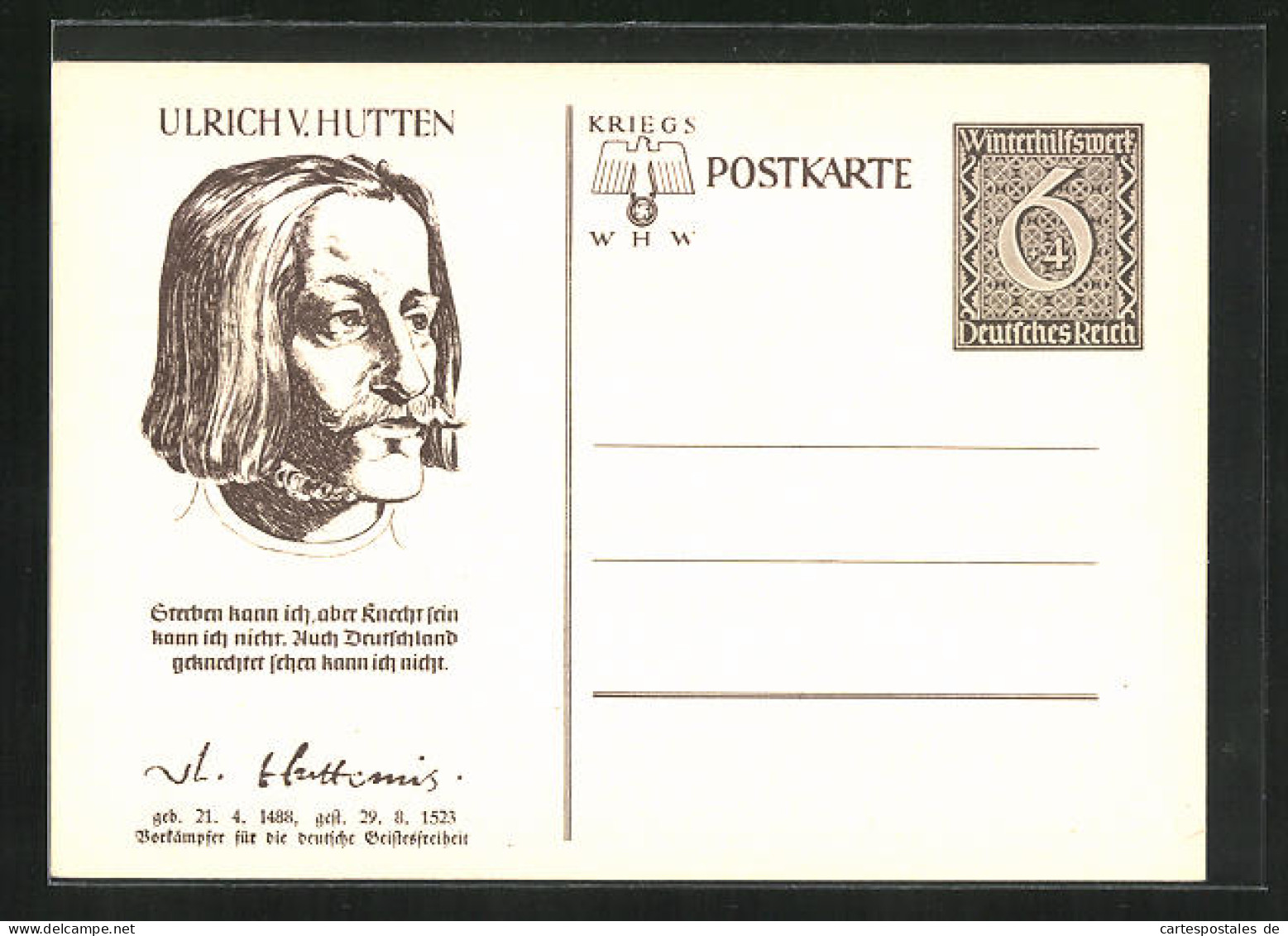 AK Portrait Des Ulrich Von Hutten, Ganzsache WHW Winterhilfswerk  - Briefkaarten