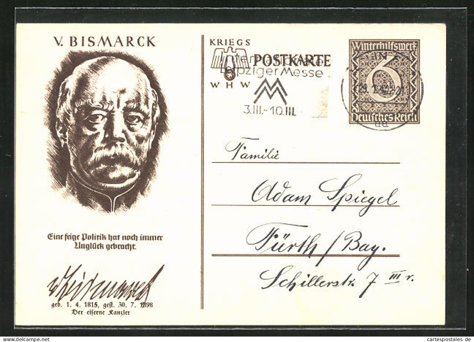 AK Bismarck, Der Eiserne Kanzler, Ganzsache WHW Winterhilfswerk  - Cartes Postales