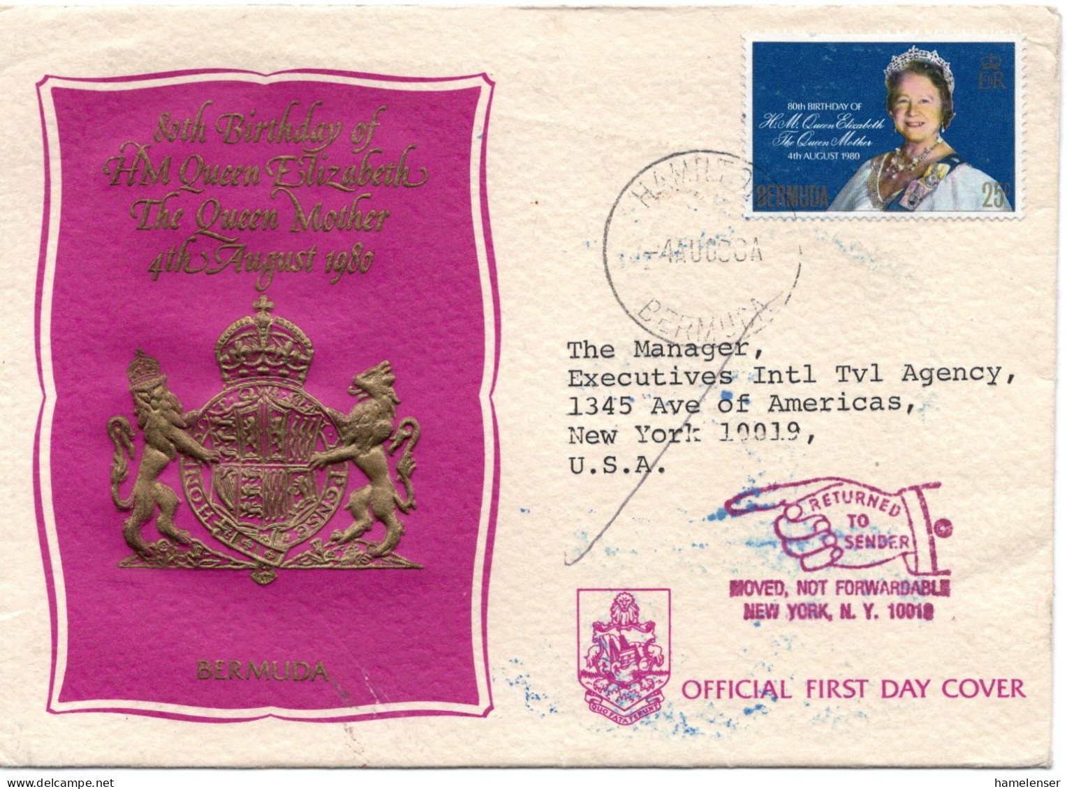 77432 - Bermuda - 1980 - 25c Koeniginmutter EF A FDC HAMILTON -> New York, NY (USA), Zurueck An Abs - Briefe U. Dokumente