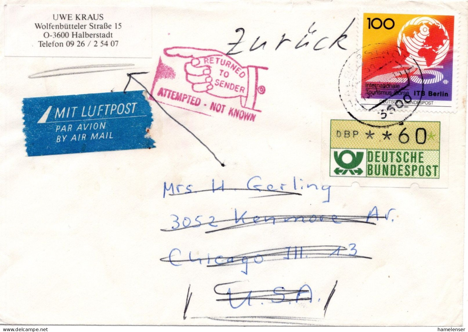 77434 - Bund - 1992 - 100Pfg Tourismus-Boerse MiF A LpBf HALBERSTADT -> Chicago, IL (USA), Zurueck An Abs - Lettres & Documents