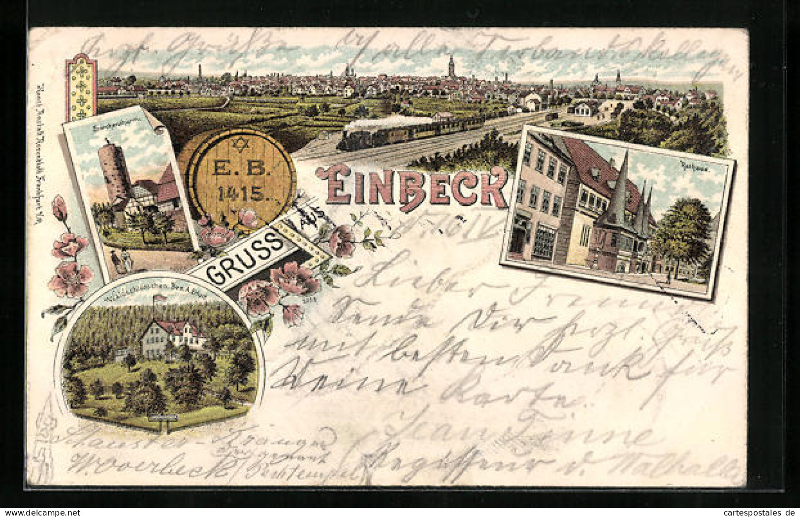 Lithographie Einbeck, Rathaus, Storchenturm, Eisenbahn Verlässt Die Stadt  - Einbeck