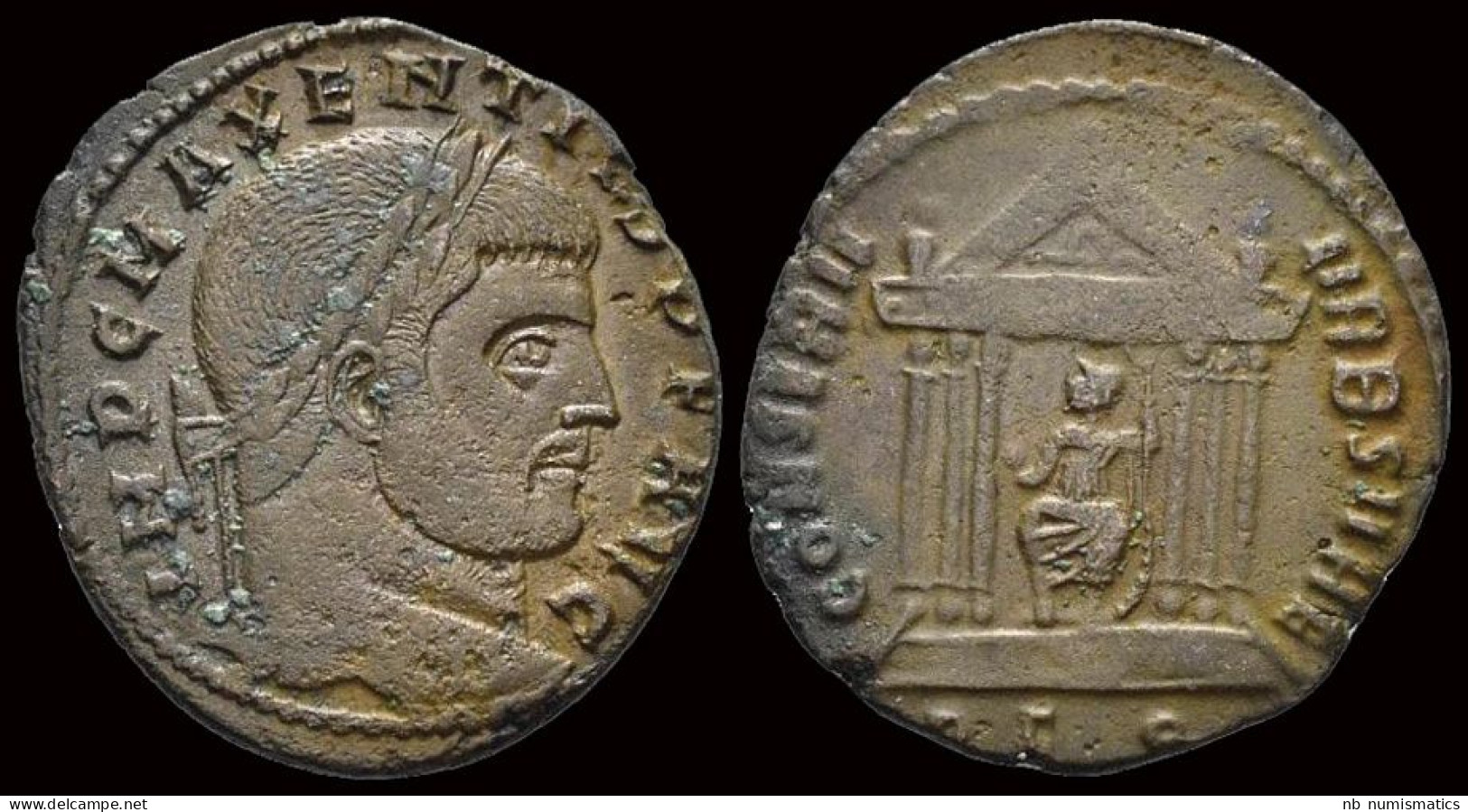 Maxentius AE Follis Roma In Hexastyle Temple - The Christian Empire (307 AD Tot 363 AD)