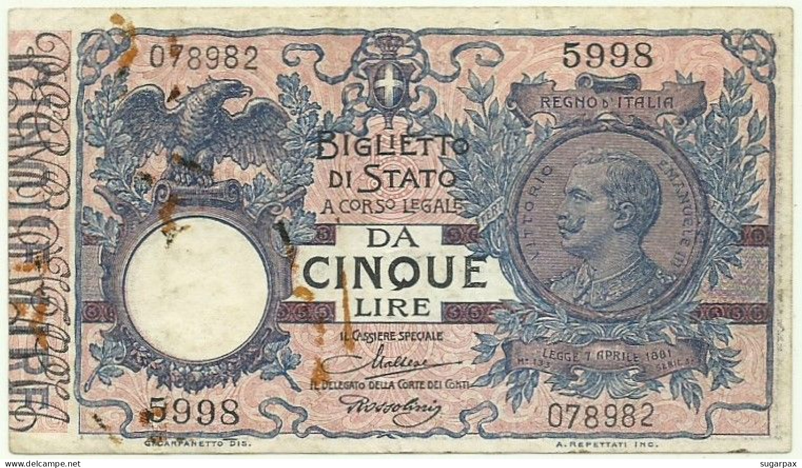 Italia - 5 Lire - ( 1904 - 1925 ) - Pick: 23.f - Maltese & Rossolini ( 24.02.1922 ) - King Vittorio Emanuele - Italia – 5 Lire