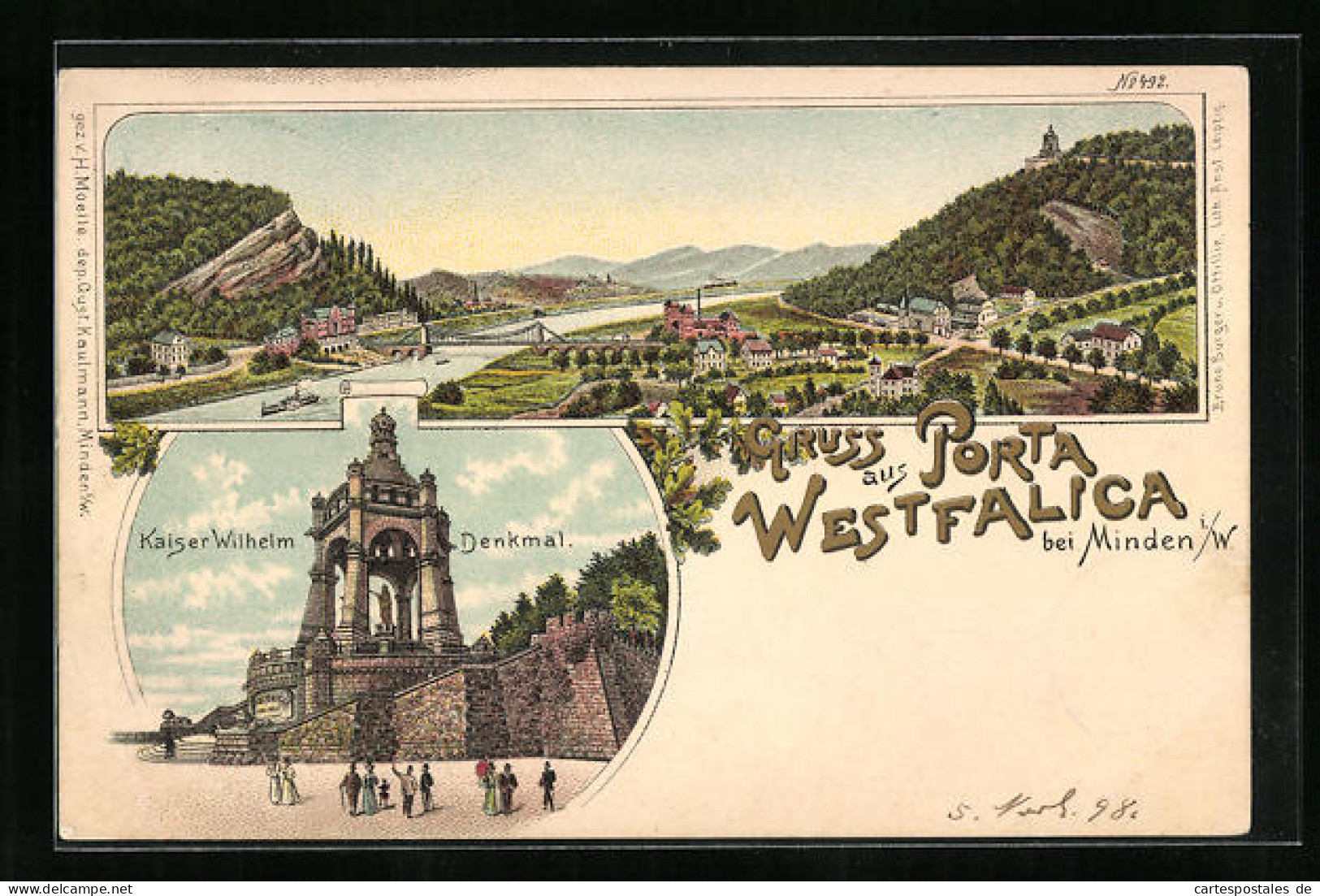 Lithographie Porta Westfalica, Panorama Mit Kaiser Wilhelm Denkmal  - Porta Westfalica