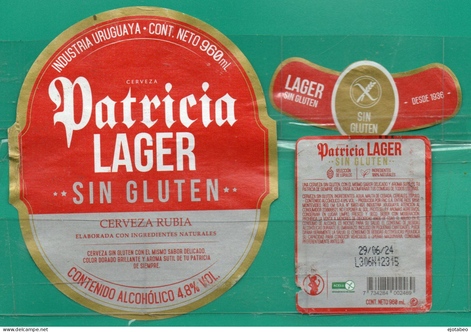 Uruguay - Etiqueta De Cerveza Patricia Lager-Sin Glutén  960 Cc " Retornable " - Bier