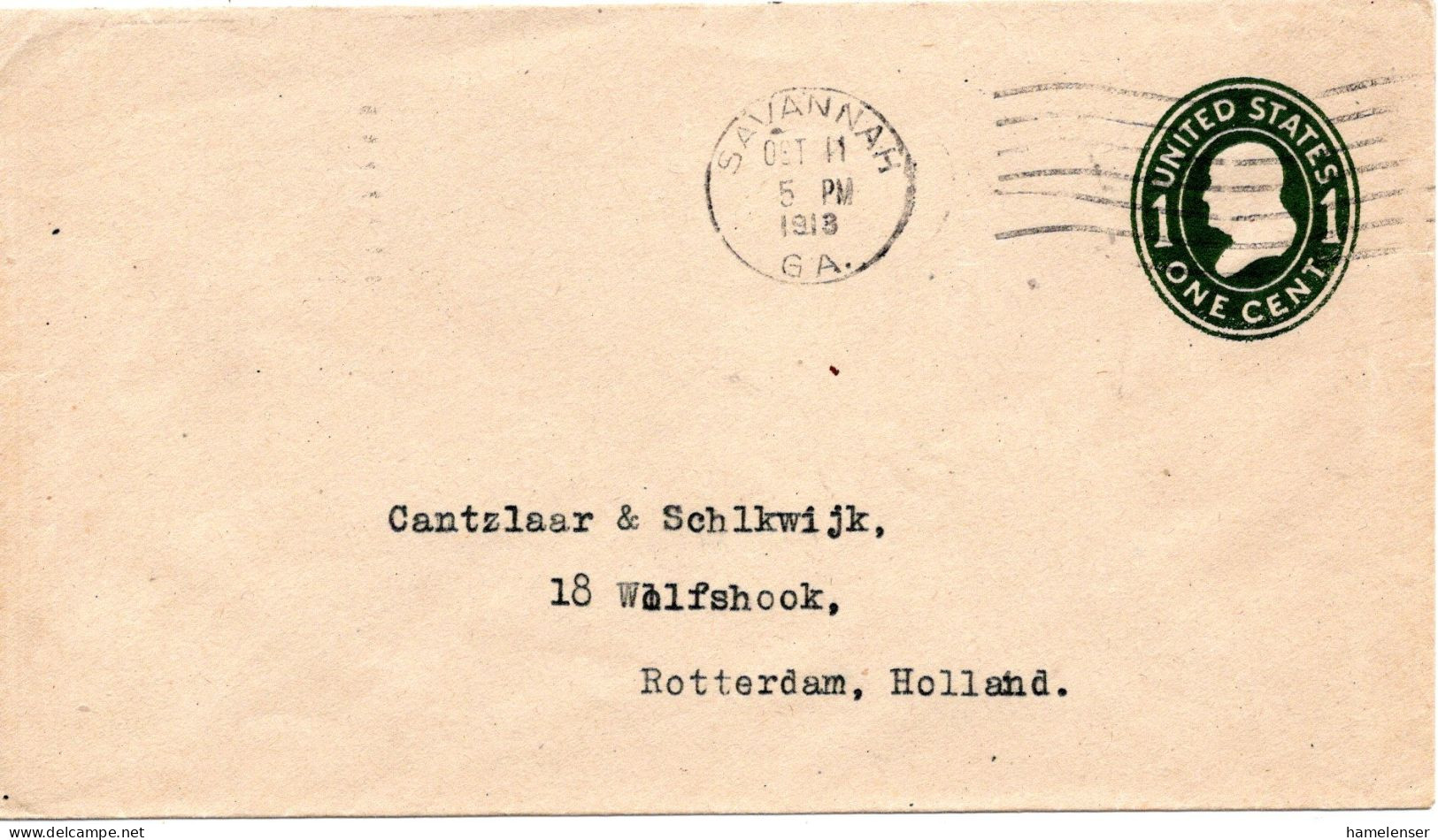 77441 - USA - 1918 - 1¢ GAU SAVANNAH, GA -> Niederlande - 1901-20