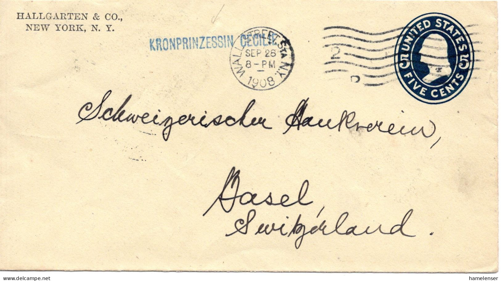 77443 - USA - 1908 - 5¢ GAU WALL STREET STA., NY -> BASEL (Schweiz) - 1901-20