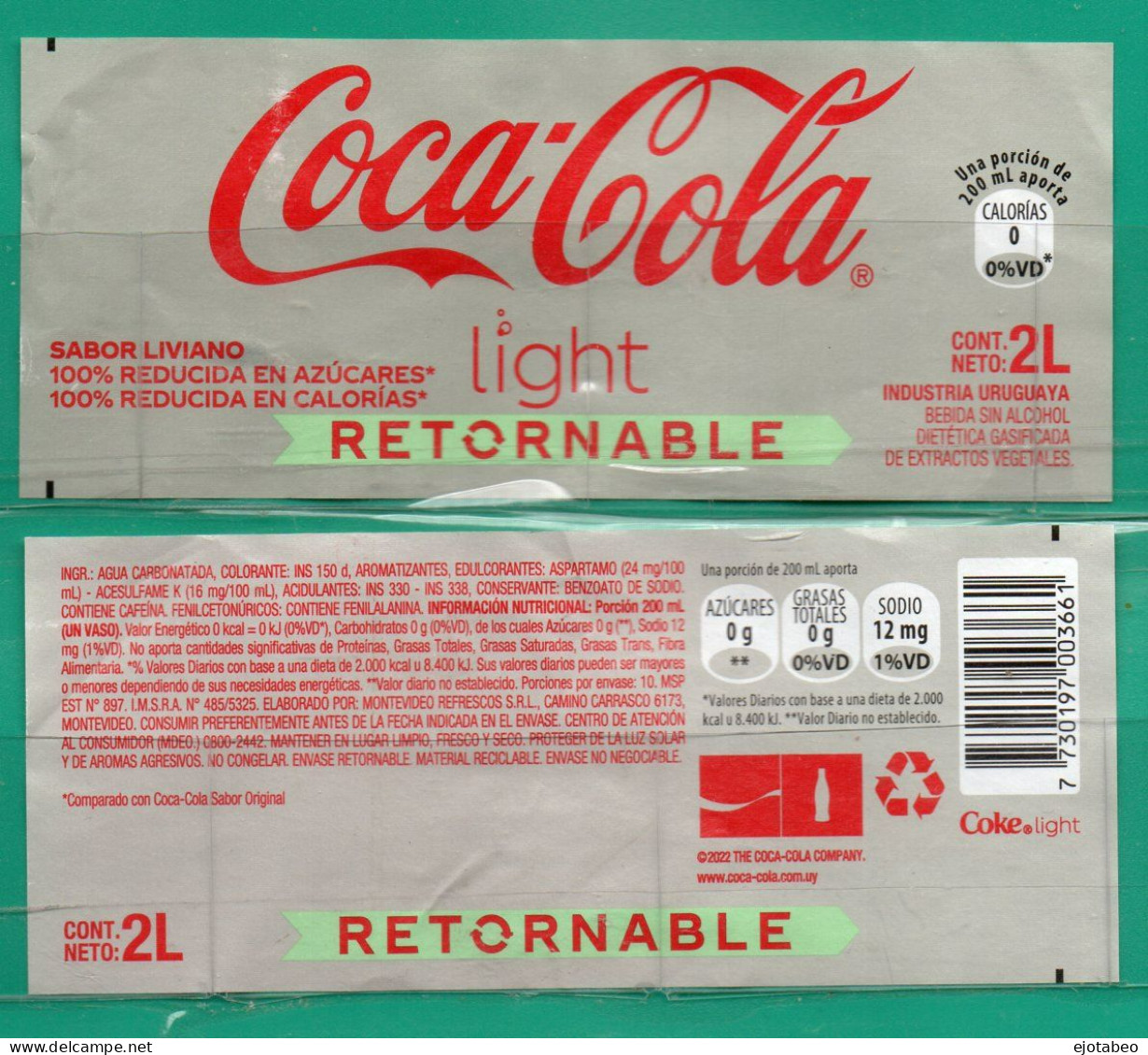 Uruguay - Etiqueta De Coca Cola Light Retornable -Etiqueta Actual De Papel-2 Lts. - Lemonades & Sodas