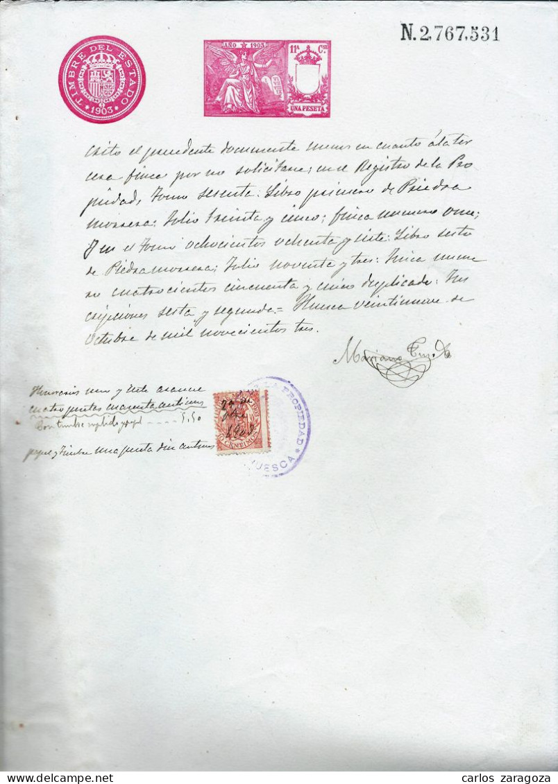 ESPAÑA 1903 TIMBRE DEL ESTADO. PLIEGO 1 Pta. Entero Fiscal + Timbre Móvil. Marca De Agua - Revenue Stamps