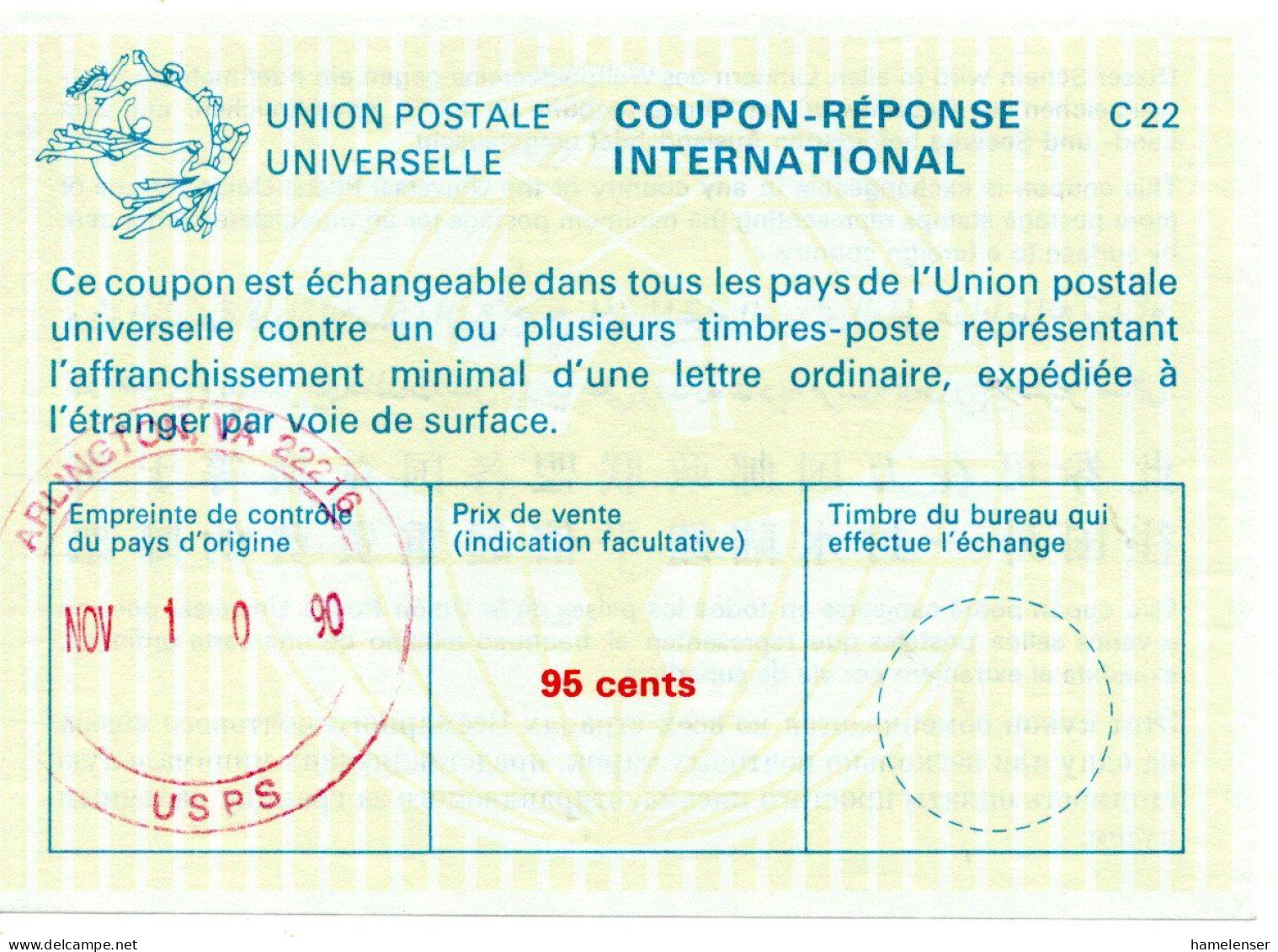 77446 - USA - 1990 - 95¢ Internationaler Antwortschein ARLINGTON, VA, Nicht Eingeloest - Briefe U. Dokumente