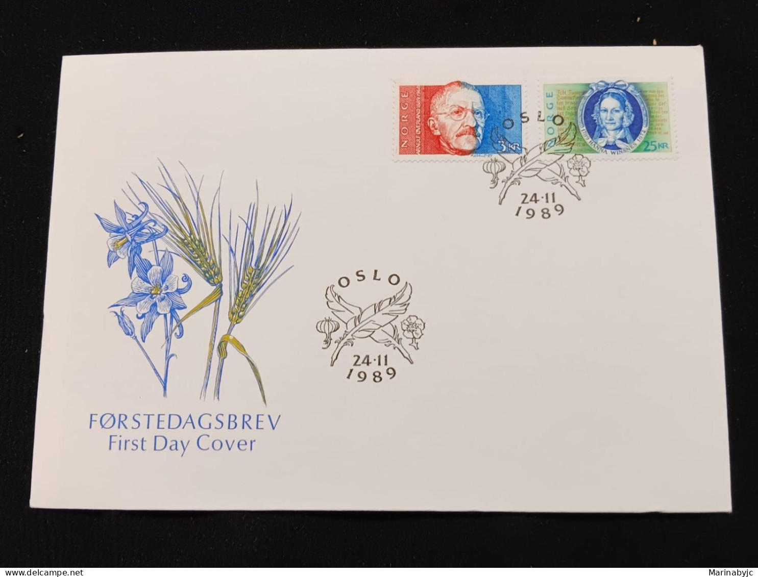 D)1989, NORWAY, FIRST DAY COVER, ISSUE, WRITERS, POETS AND NOVELISTS, ARNULF ØVERLAND, 1889-1968, HANNA WINSNES, 1789-18 - Autres & Non Classés