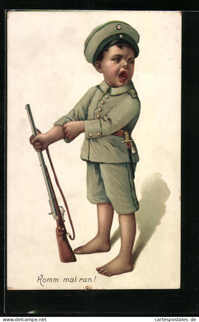 AK Kleiner Junge In Uniform Mit Gewehr, Kinder Kriegspropaganda  - War 1914-18