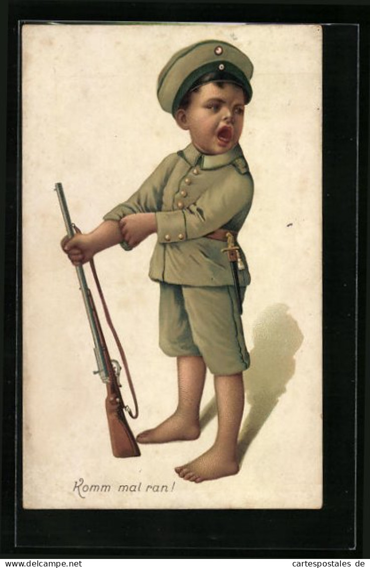 AK Kleiner Junge In Uniform Mit Gewehr, Kinder Kriegspropaganda  - War 1914-18