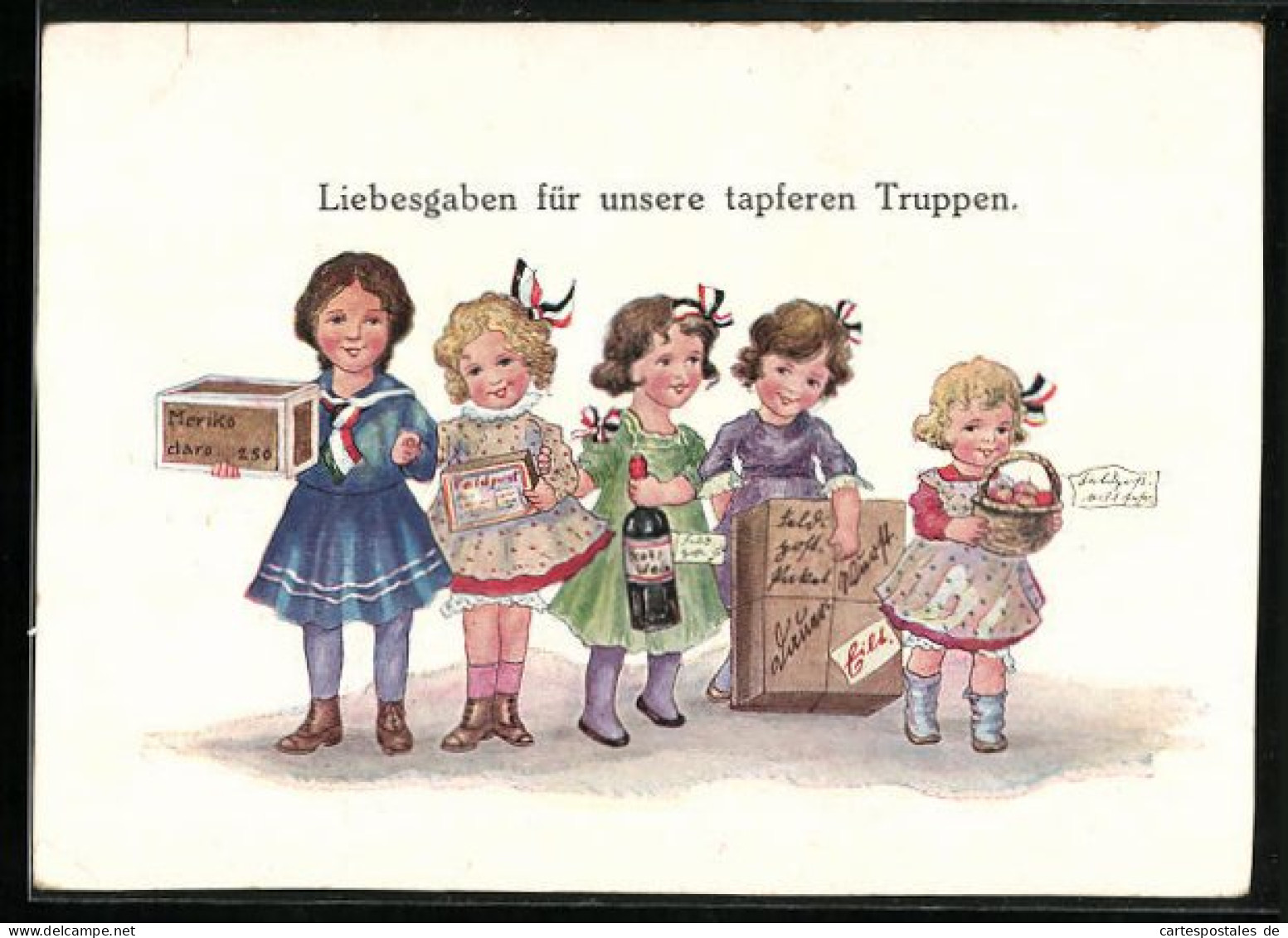 AK Junge Mädchen Mit Feldpostpaketen Und Wein, Kinder Kriegspropaganda  - War 1914-18