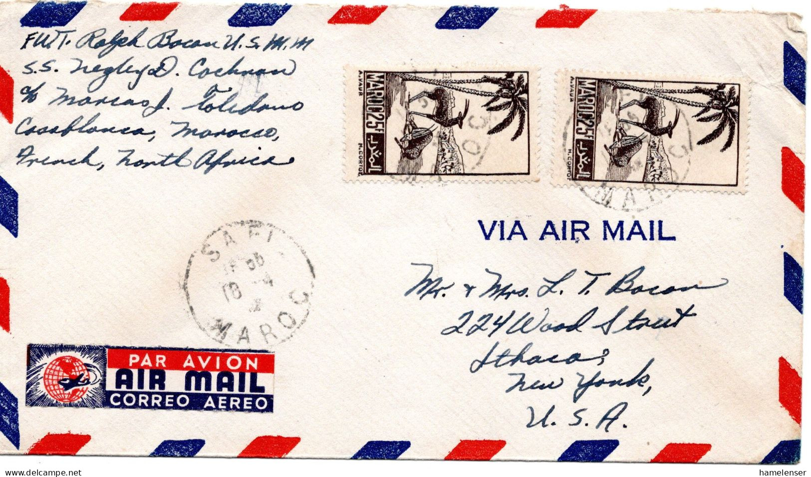 77448 - Marokko - 1947 - 2@25F Antilopen A LpBf SAFI -> Ithaca, NY (USA), Abs.: US-Seemann - Lettres & Documents