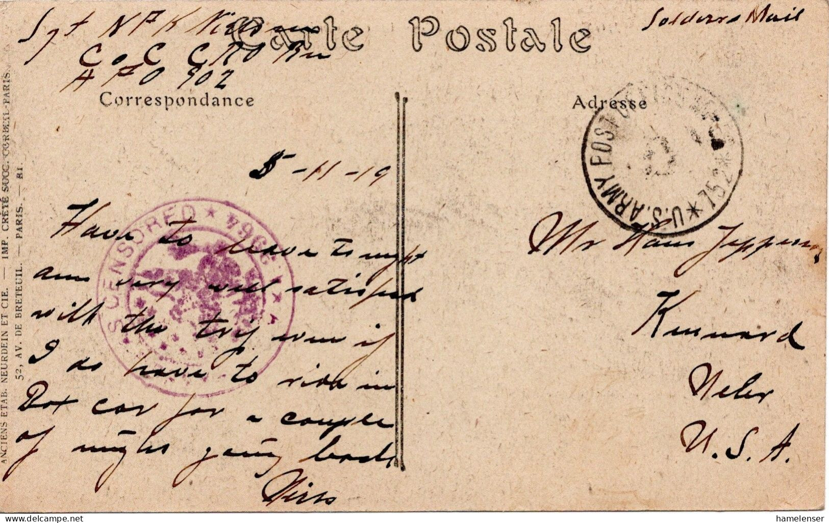 77449 - USA - 1919 - FpAnsKte APO 752 -> Kennard, NE, Abs. Bei APO 902 (Frankreich), M US-Zensurstpl - Briefe U. Dokumente