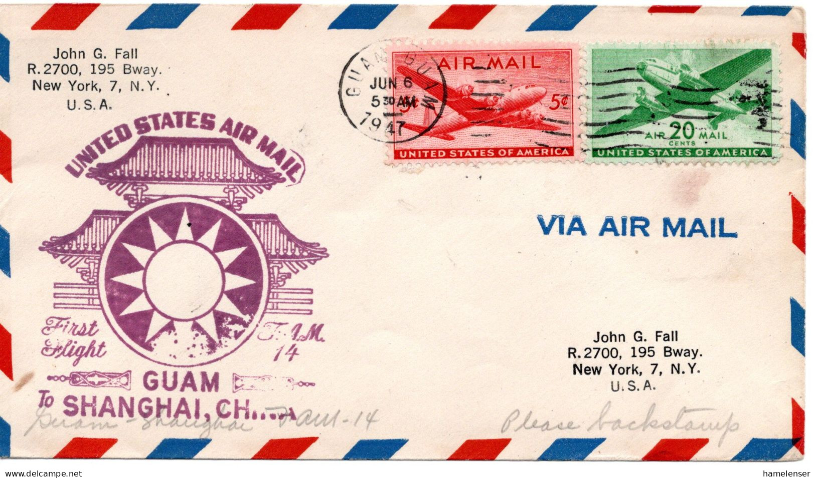 77450 - USA - 1947 - 20¢ Luftpost A ErstflugBf GUAM -> SHANGHAI (China) - Briefe U. Dokumente
