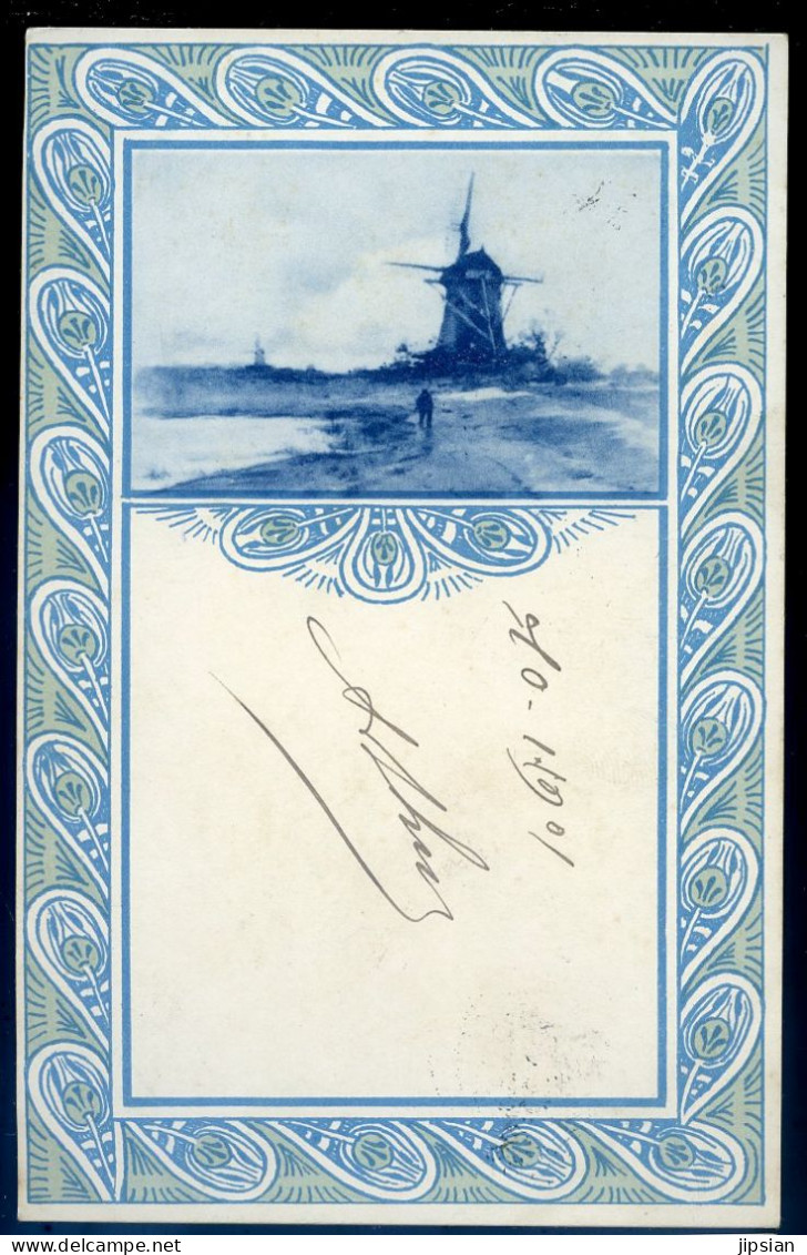 Cpa Des Pays Bas Illustrée , Zuid Holland , Zeeland , Haag , Rotterdam ? Moulin Molen Mill Mühle Datée 1901  STEP115 - Collections & Lots