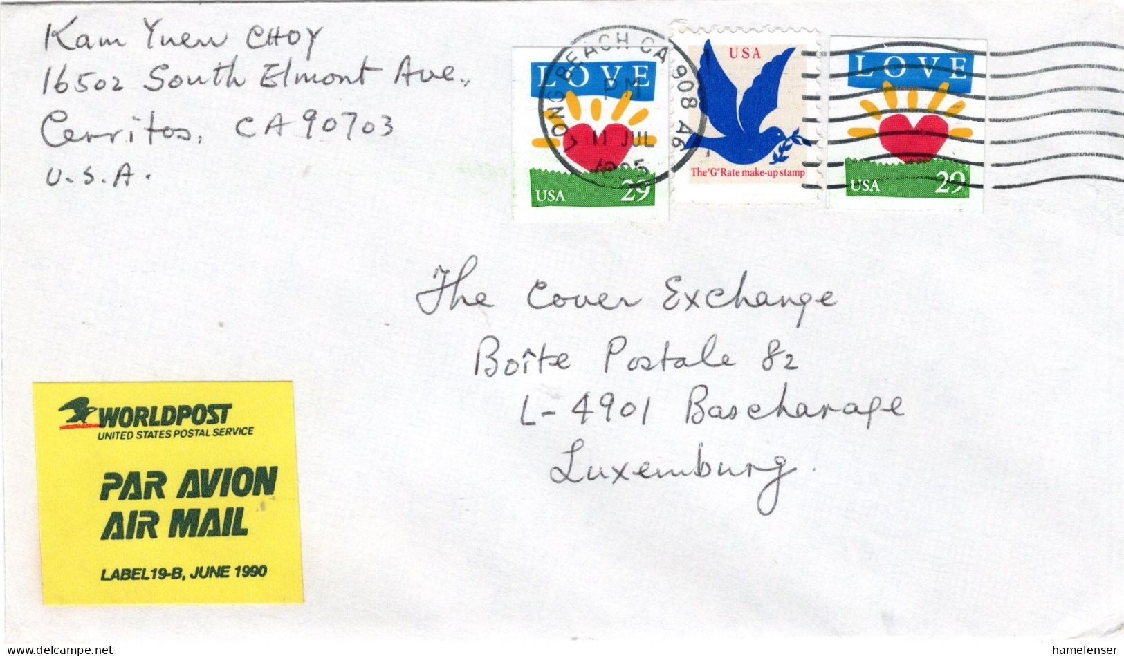 77454 - USA - 1995 - 2@29¢ Love MiF A LpBf LONG BEACH, CA -> Luxemburg - Brieven En Documenten