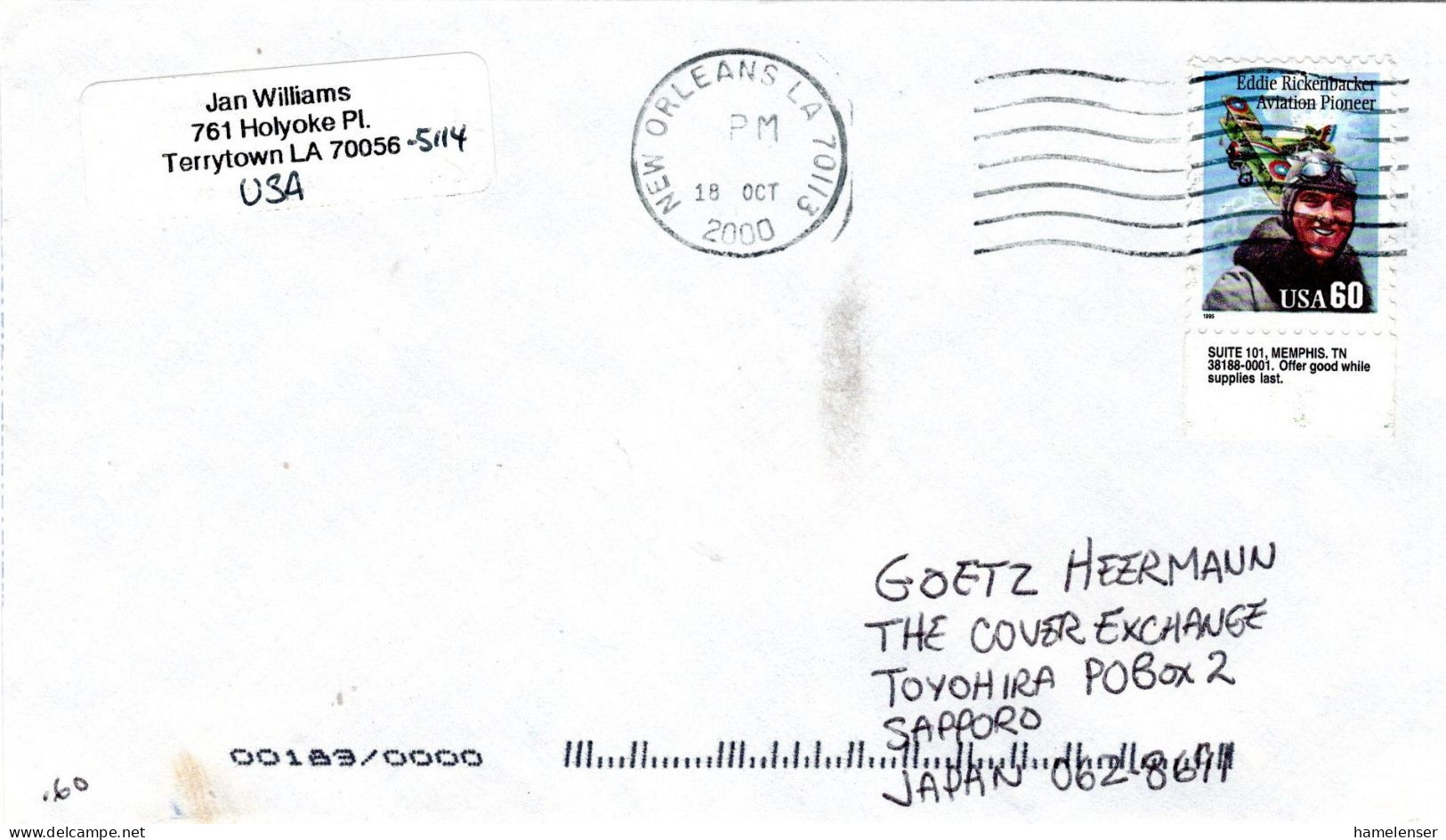 77455 - USA - 2000 - 60¢ Rickenbacker EF A LpBf NEW ORLEANS, LA -> Japan - Lettres & Documents