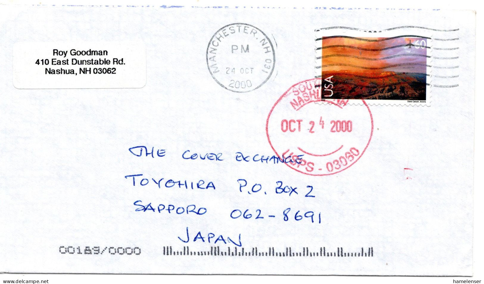 77456 - USA - 2000 - 60¢ Grand Canyon EF A Bf SOUTH NASHUA NH -> MANCHESTER, NH -> Japan - Storia Postale