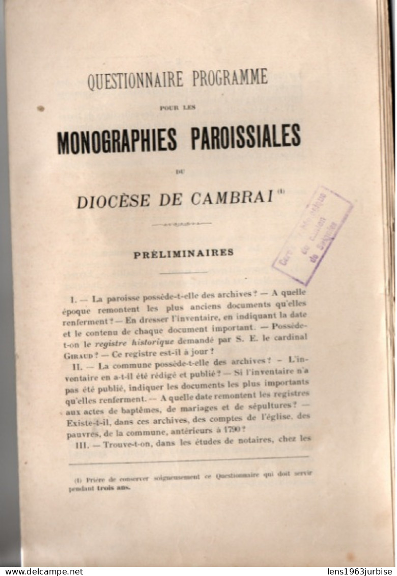 Questionnaire Programme Pour Les Monographies Paroissiales Du Diocèse De Cambrai - Ohne Zuordnung