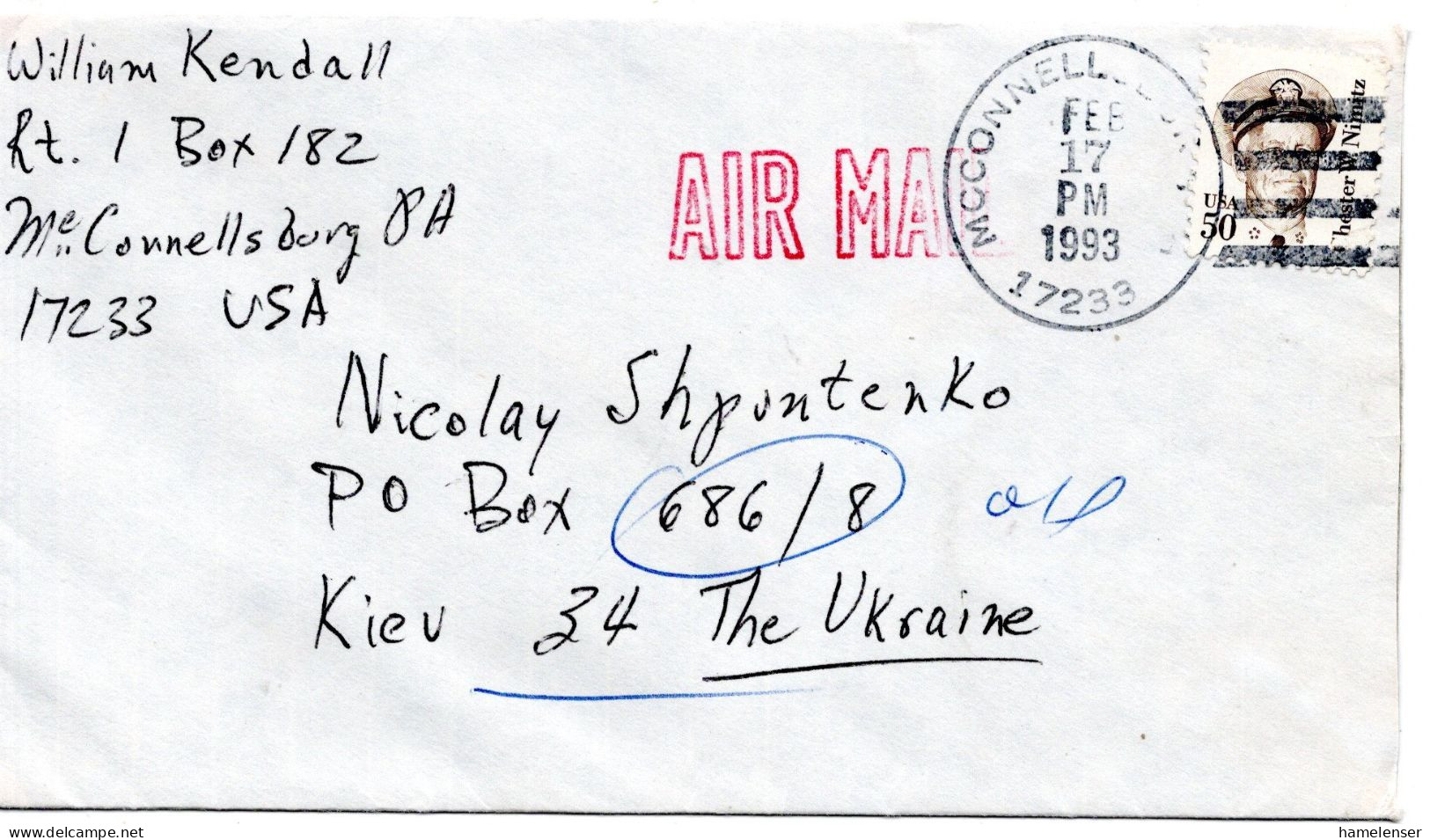 77457 - USA - 1993 - 50¢ Nimitz EF A Bf MCCONNELLSBURG, PA -> KIEV (Ukraine) - Cartas & Documentos