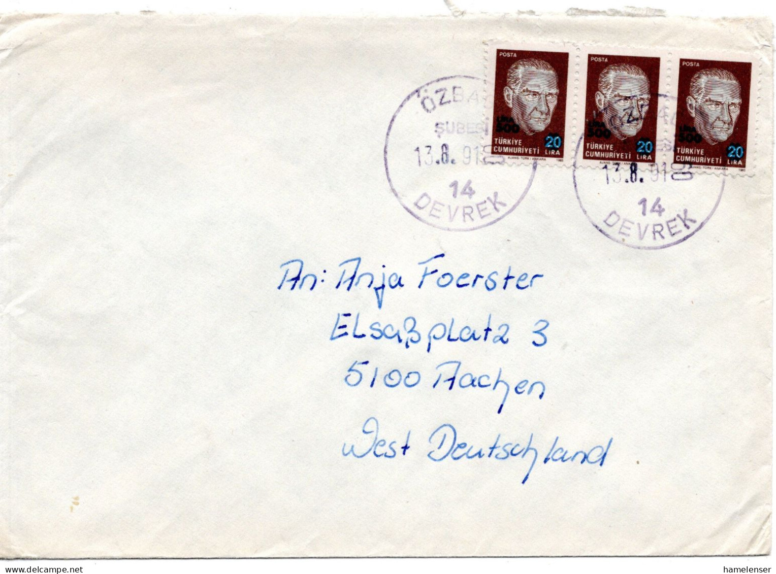 77459 - Türkei - 1991 - 3@500L A Bf ÖZBAG -> Deutschland - Storia Postale