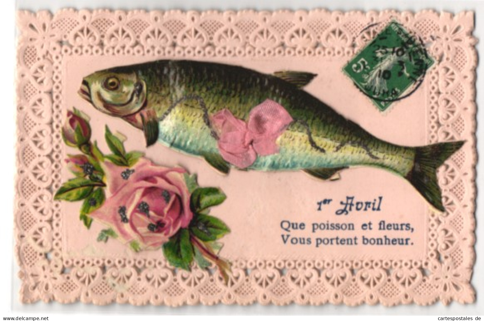 Oblaten-AK 1er Avril, Fisch Mit Rosa Schleife, Rose  - Other & Unclassified