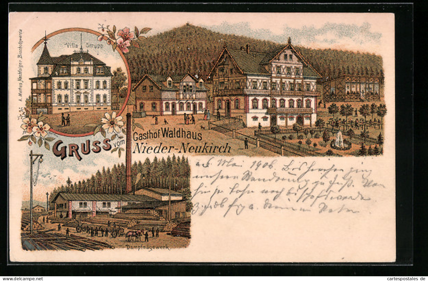 Lithographie Nieder-Neukirch, Dampfsägewerk, Villa Strupp  - Neukirch (Lausitz)