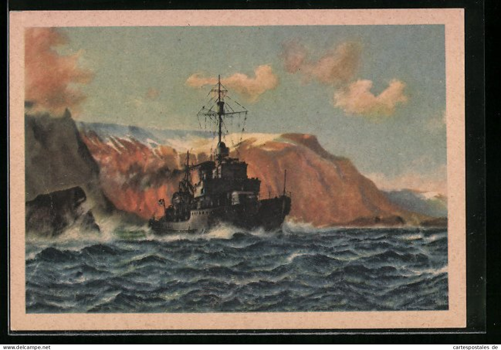 AK Deutsches Minensuchboot Auf Sicherungsfahrt Vor Einem Hafen An Der Norwegischen Küste  - Warships
