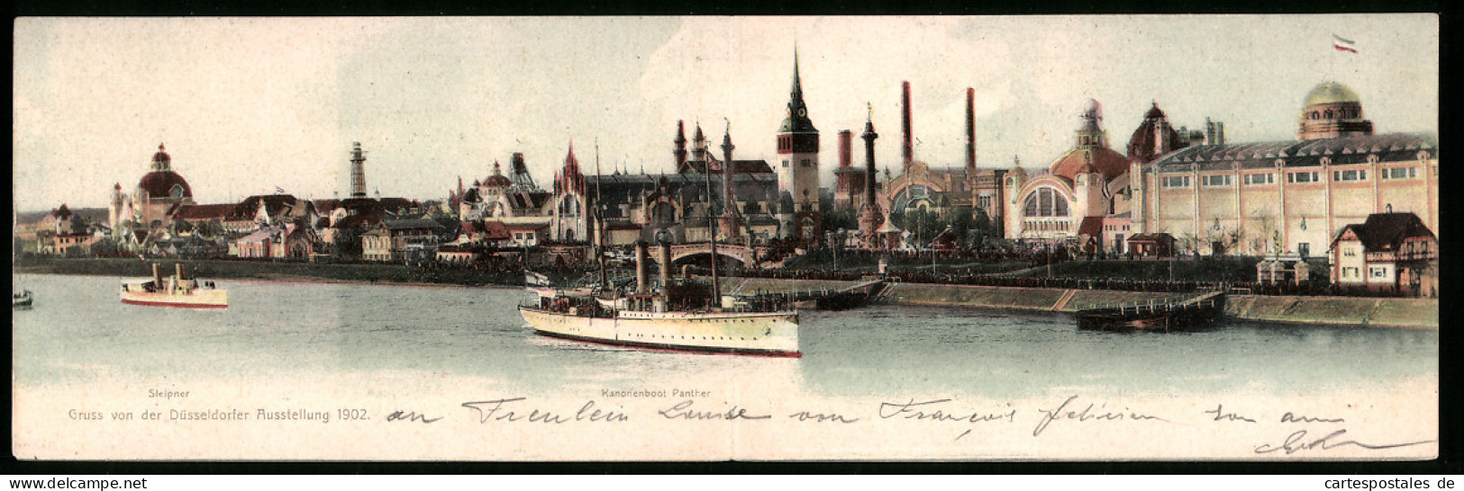 Klapp-AK Düsseldorf, Ausstellung 1902, Panorama Der Stadt Mit Sleipner Und Kanonenboot Panther  - Exhibitions
