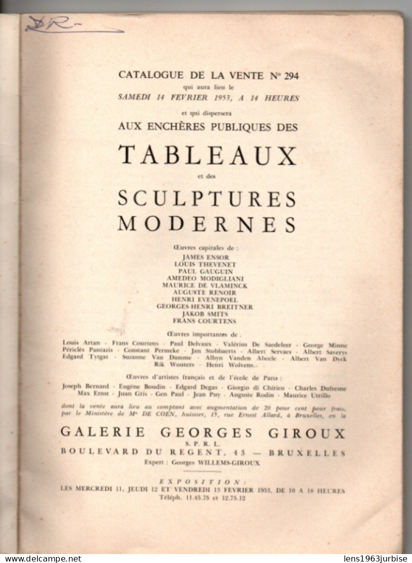 Tableaux Et Sculptures Modernes  , Vente N° 294 ( 1953 ) Galerie Georges Giroux - Kunst