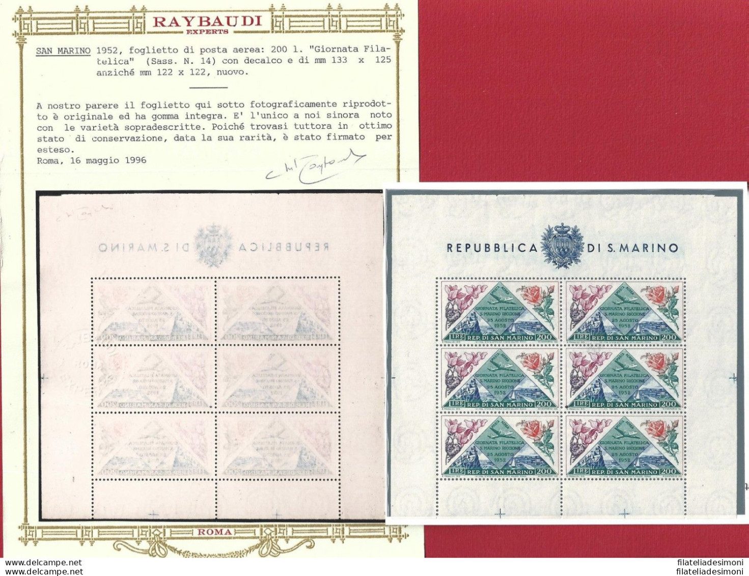 1952 SAN MARINO, BF N° 14b Fiori Varietà Decalco E Dimensioni Maggiori 133x125 - Blocks & Kleinbögen