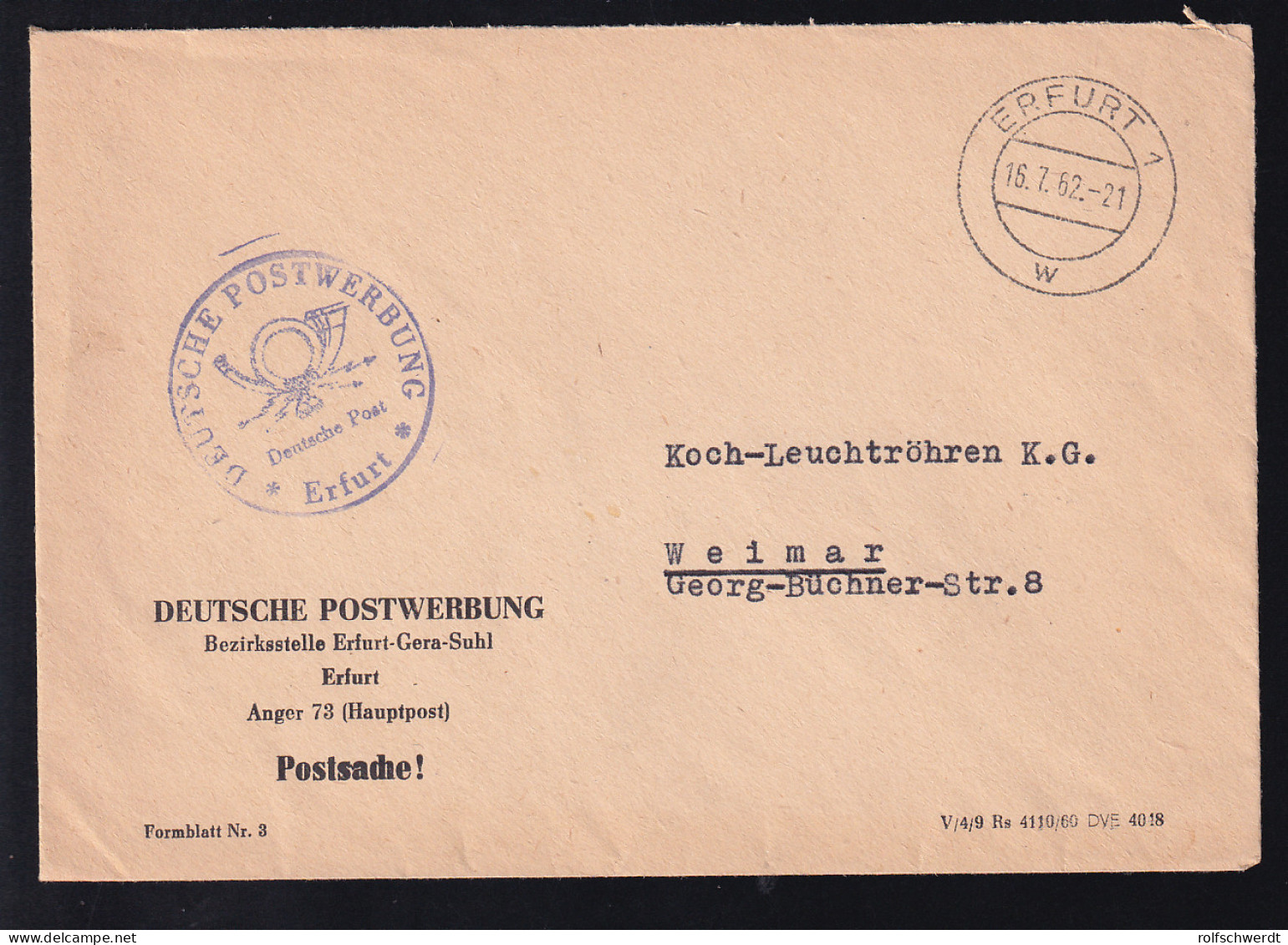 1962 Brief (Postsache) Der Deutschen Postwerbung Bezirksstelle Erfurt-Gera-Suhl - Post
