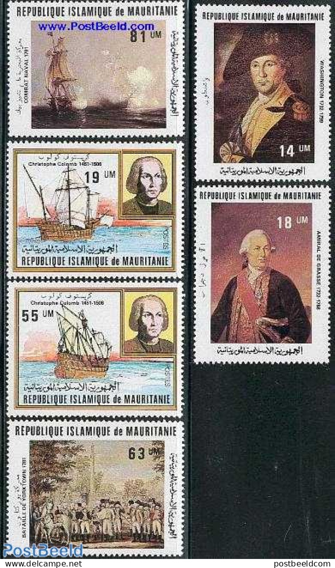 Mauritania 1981 Columbus, Yorktown 6v, Mint NH, History - Transport - Explorers - History - Ships And Boats - Explorers