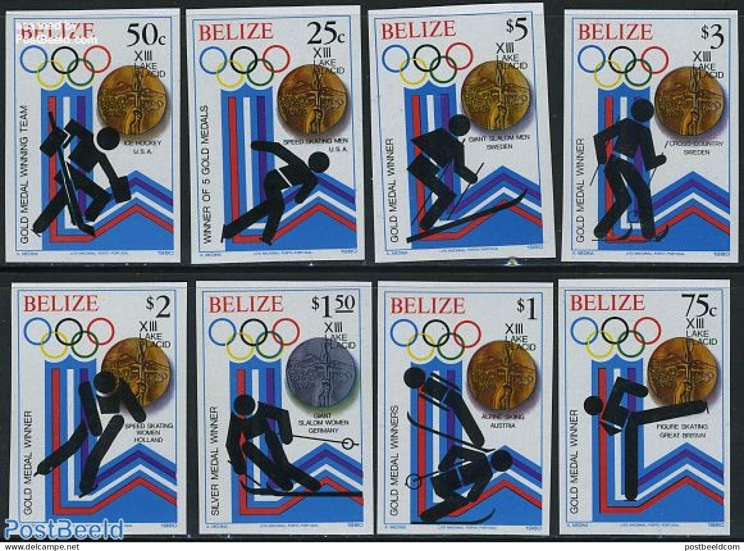 Belize/British Honduras 1980 Olympic Winter Games Winners 8v Imperforated, Mint NH, Sport - Ice Hockey - Olympic Winte.. - Hockey (sur Glace)