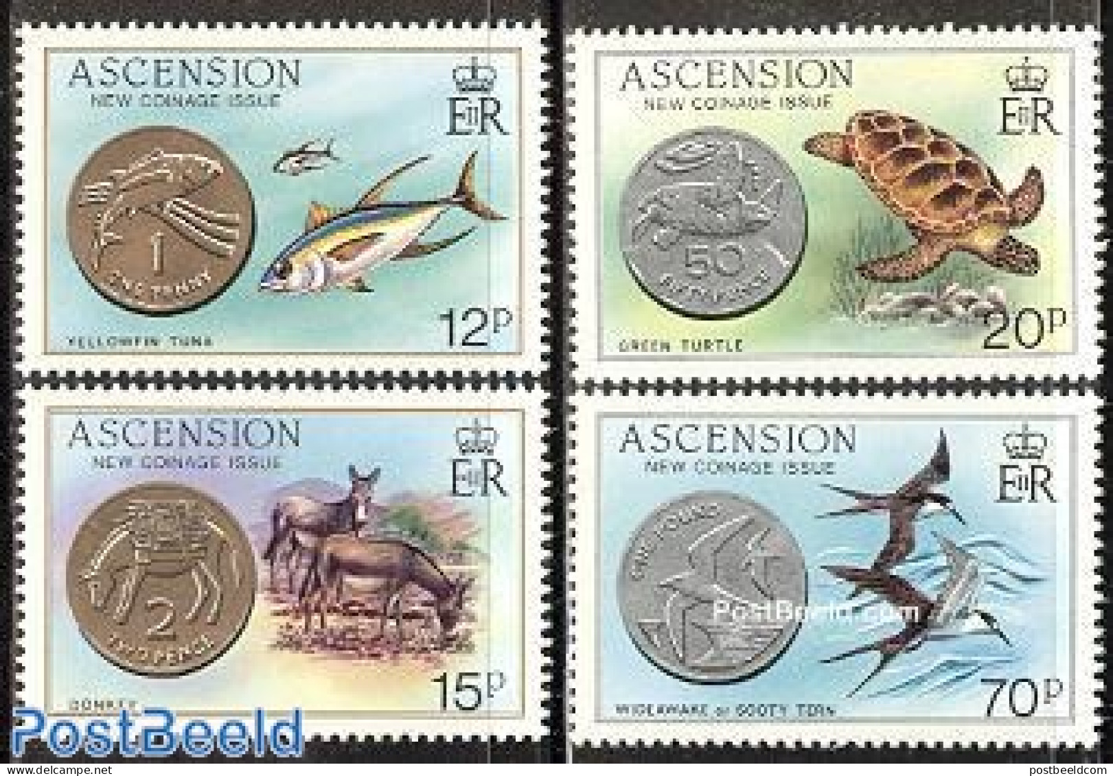 Ascension 1984 New Coins 4v, Mint NH, Nature - Various - Birds - Fish - Reptiles - Turtles - Money On Stamps - Fishes