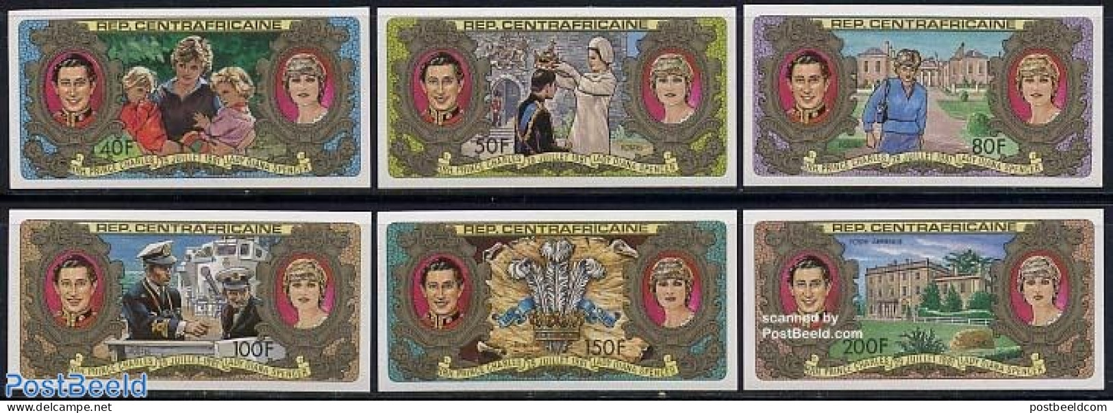 Central Africa 1981 Charles & Diana 6v, Imperforated, Mint NH, History - Transport - Charles & Diana - Kings & Queens .. - Familles Royales
