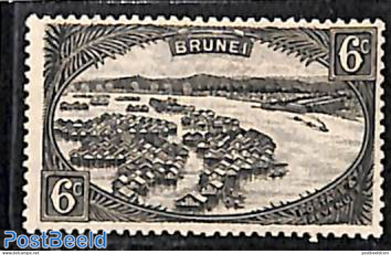 Brunei 1924 6c, (38mm), WM Script.CA, Stamp Out Of Set, Unused (hinged), Transport - Ships And Boats - Barche