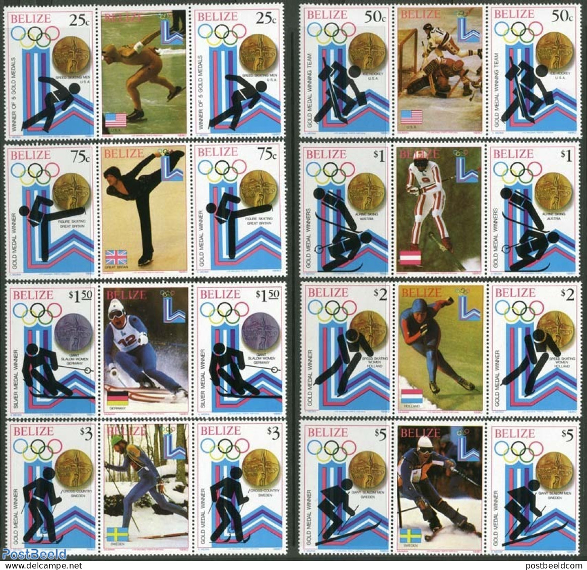 Belize/British Honduras 1980 Olympic Winter Winners 8v, Gutterpairs, Mint NH, Olympic Winter Games - British Honduras (...-1970)