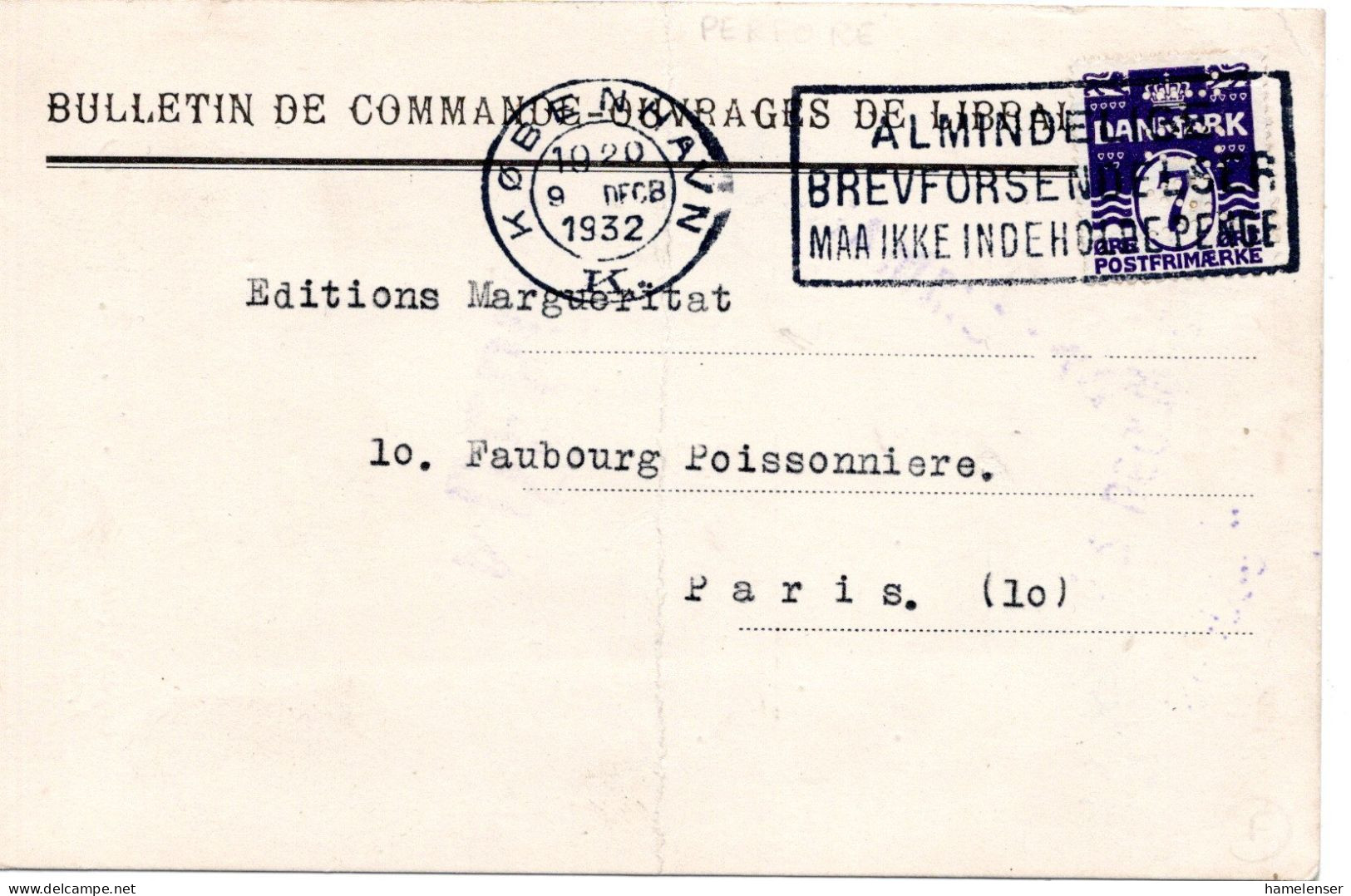 77467 - Dänemark - 1932 - 7o. (perfin "W.H.") EF A Kte (senkr Bug) -> Paris (Frankreich) - Storia Postale