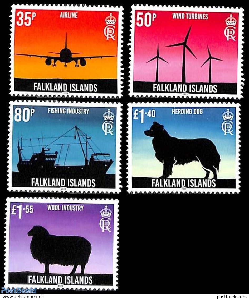 Falkland Islands 2023 Development Corporation 5v, Mint NH, Nature - Transport - Various - Cattle - Dogs - Aircraft & A.. - Aerei